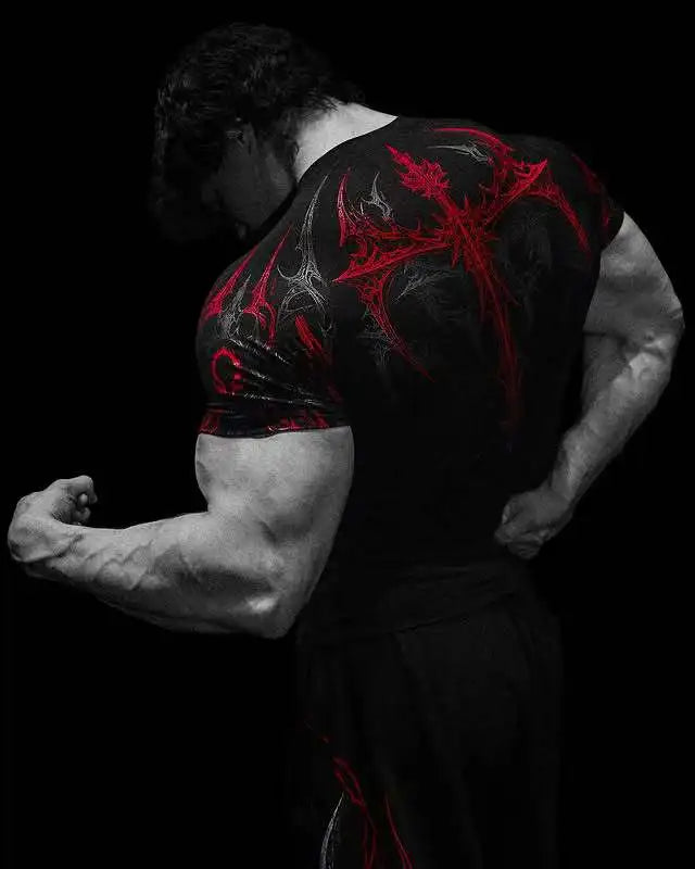GYM T-shirt Men's Dark Gothic Print Muscle Tee High Elasticity And Quick Drying Exercise For Bodybuilding Training 2025 Summer