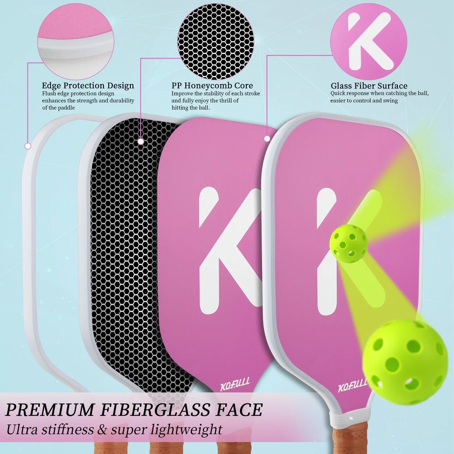 Pickleball Paddles Pickleball Rackets Set Lightweight Fiberglass Surface&Honeycomb Core Pickleball Set Pink and Green Gifts for Women Girls Beginners