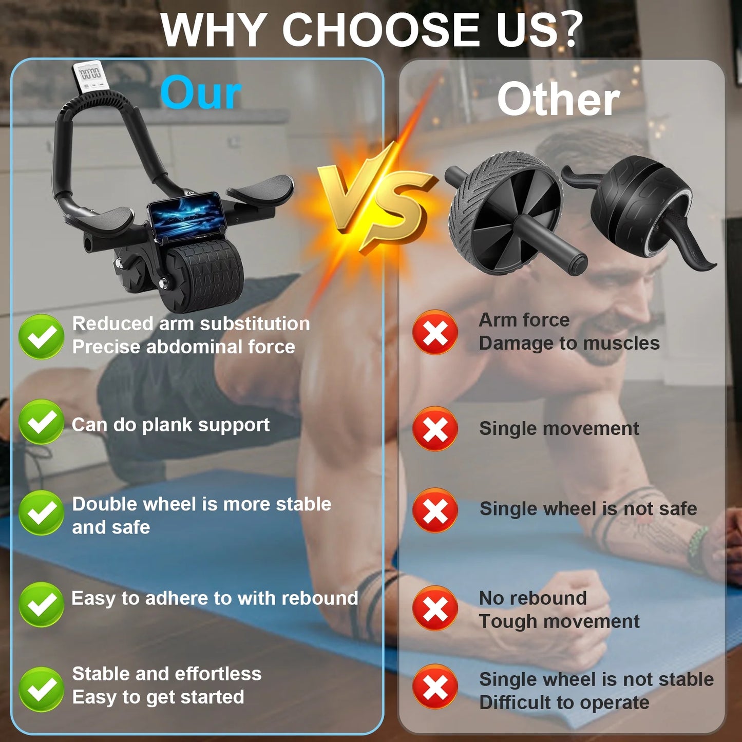 2025 New with Timer Ab Abdominal Exercise Roller Elbow Support, Abs Roller Wheel Core Exercise Equipment, Automatic Rebound Abdominal Wheel(Black）