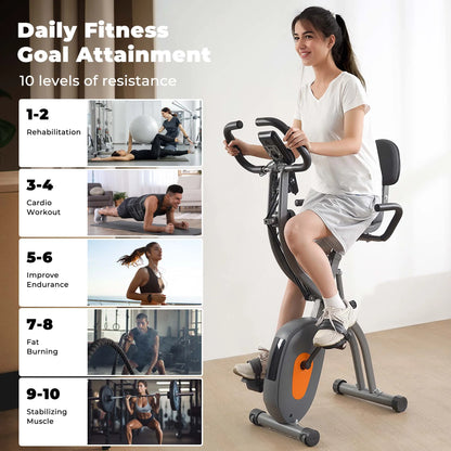 Folding Exercise Bike 3 in 1 Magnetic Stationary Recumbent Bike 10 Level Resistance for Home Use with Arm Resistance Bands