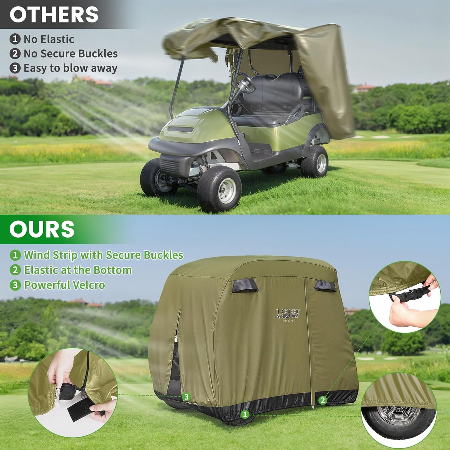 Golf Cart Cover 2/4/4+2 Passenger for Yamaha EZGO Club Car, Heavy Duty 420D Waterproof Windproof Durable Polyester Golf Cart Cover with 3 Zipper Doors for All-Weather Protection (Black/Silver)