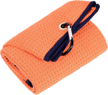 Tri-Fold Golf Towel | Premium Microfiber Fabric | Waffle Pattern | with Heavy Duty Carabiner Clip | Golf Towel for Men and Women (Orange)