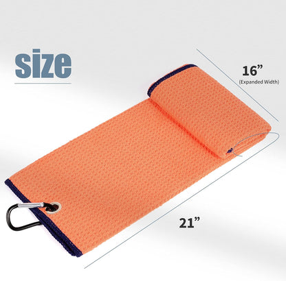 Tri-Fold Golf Towel | Premium Microfiber Fabric | Waffle Pattern | with Heavy Duty Carabiner Clip | Golf Towel for Men and Women (Orange)