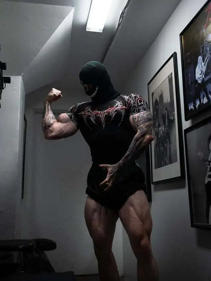 GYM T-shirt Men's Dark Gothic Print Muscle Tee  High Elasticity And Quick Drying Exercise For Bodybuilding Training 2025 Summer