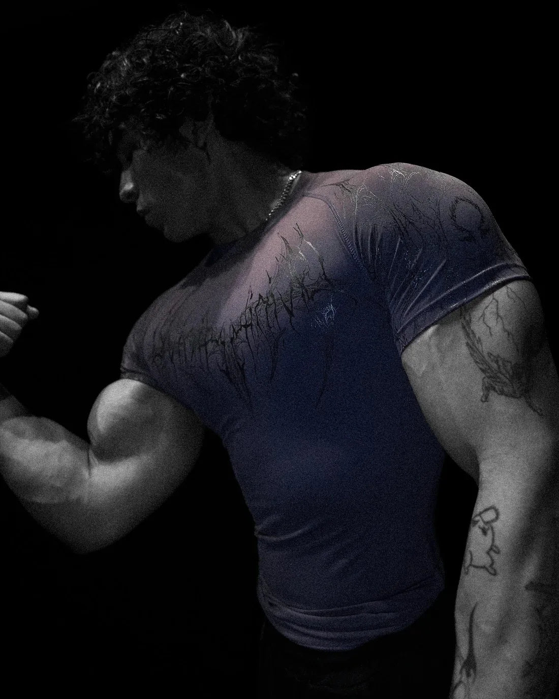 GYM T-shirt Men's Dark Gothic Print Muscle Tee  High Elasticity And Quick Drying Exercise For Bodybuilding Training 2025 Summer