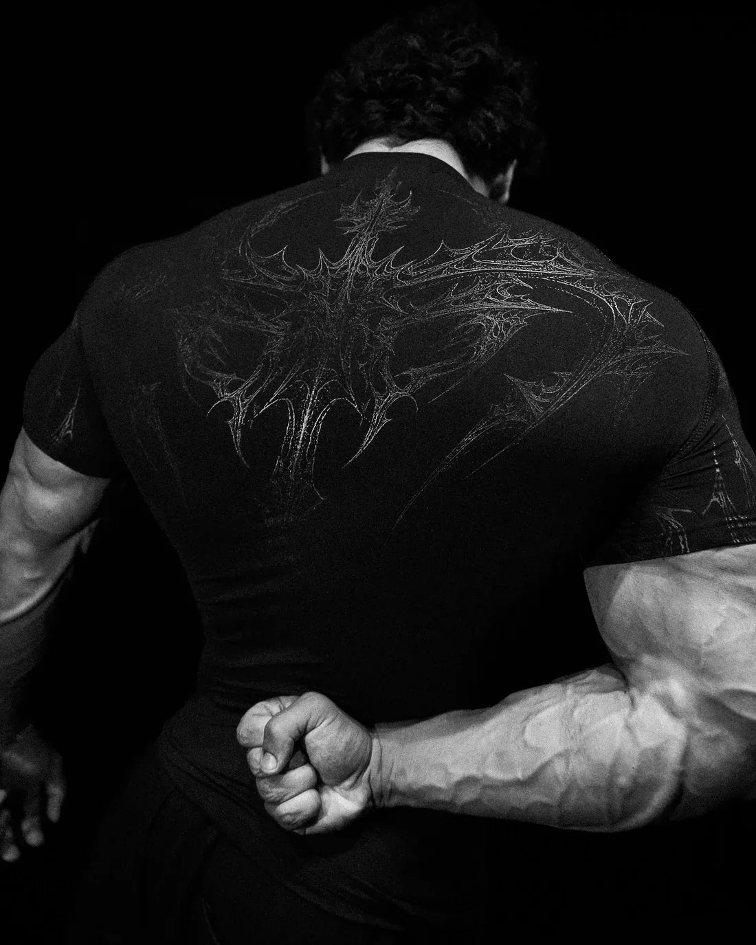 GYM T-shirt Men's Dark Gothic Print Muscle Tee  High Elasticity And Quick Drying Exercise For Bodybuilding Training 2025 Summer