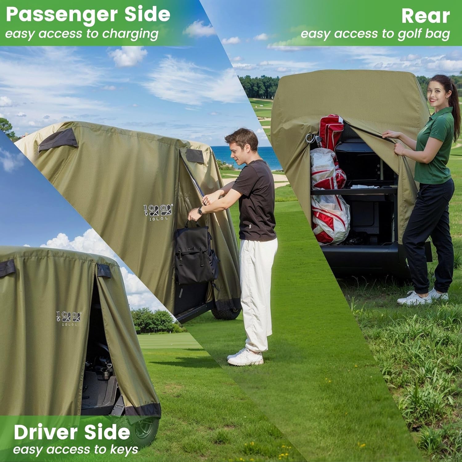 Golf Cart Cover 2/4/4+2 Passenger for Yamaha EZGO Club Car, Heavy Duty 420D Waterproof Windproof Durable Polyester Golf Cart Cover with 3 Zipper Doors for All-Weather Protection (Black/Silver)