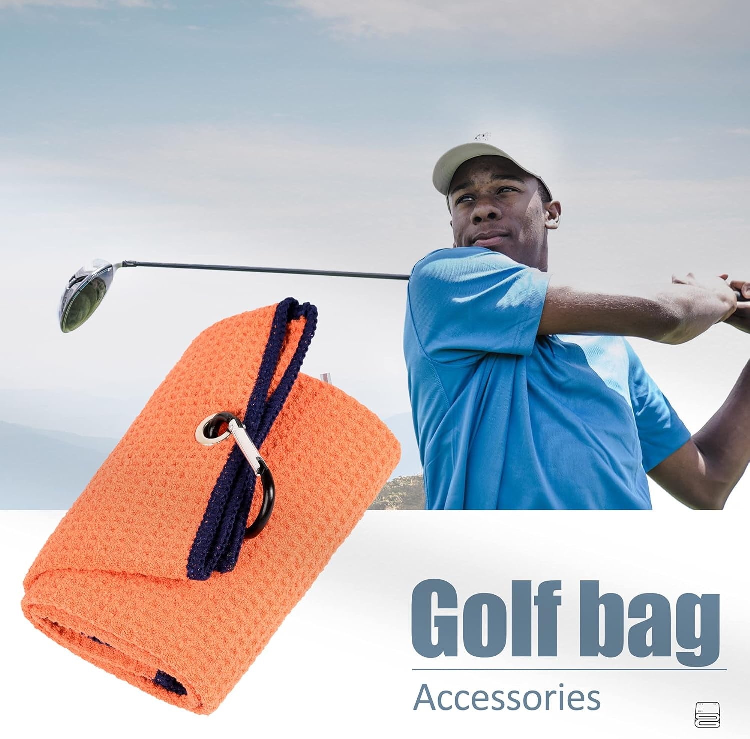 Tri-Fold Golf Towel | Premium Microfiber Fabric | Waffle Pattern | with Heavy Duty Carabiner Clip | Golf Towel for Men and Women (Orange)