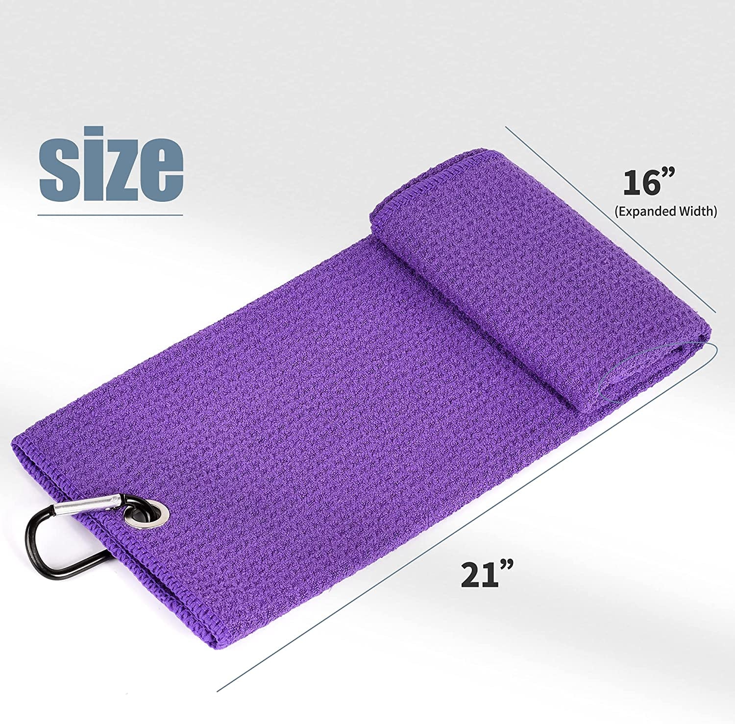 Tri-Fold Golf Towel | 16" X 24" | Premium Microfiber Fabric | Waffle Pattern | with Heavy Duty Carabiner Clip | for Men and Women (Purple)