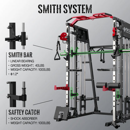 Smith Machine Home Gym, 2200 Lbs Power Rack Cage with Cable Crossover, Weight Bar, 360° Landmine, Barbell Holders and Other Attachments, Total Body Strength Training Cage